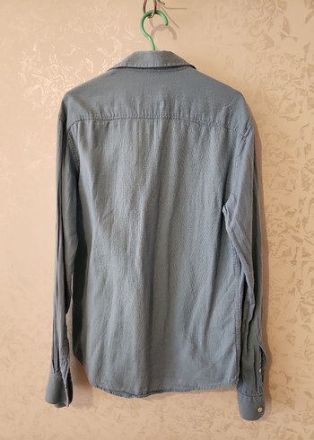 mavi Keten Erkek Gömlek, Düğmeli, Rahat Kesim - Görsel 6