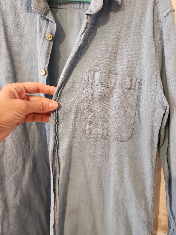 mavi Keten Erkek Gömlek, Düğmeli, Rahat Kesim - Görsel 4