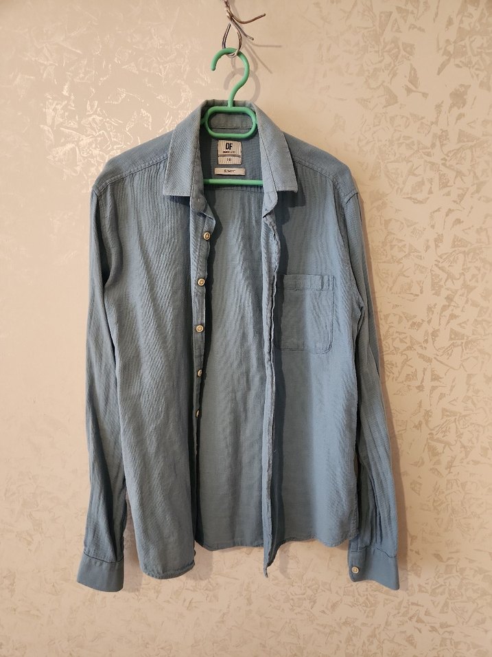 mavi Keten Erkek Gömlek, Düğmeli, Rahat Kesim - Görsel 2