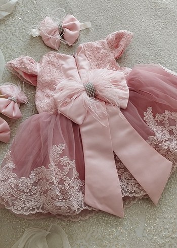 Dantel Detaylı Pembe Kız Bebek elbisesi