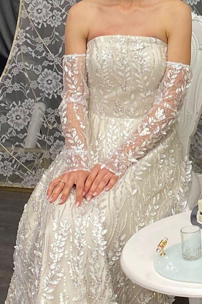 Straplez Beyaz A Kesim Uzun nişanlık - Görsel 3