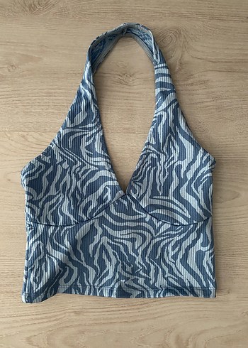 Kadın V Yakalı Mavi Tie-Dye Crop Top