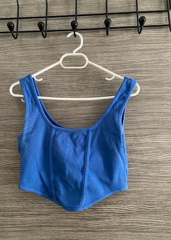 Koyu Mavi U Yaka Kolsuz Crop Top