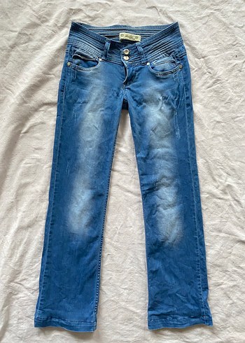 Düğmeli Mavi Bol Kesim Kadın Kot Pantolon - Görsel 3