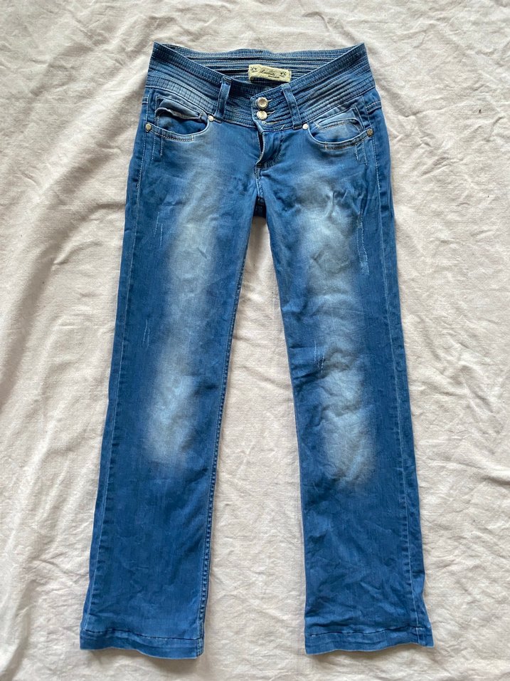 Düğmeli Mavi Bol Kesim Kadın Kot Pantolon - Görsel 3