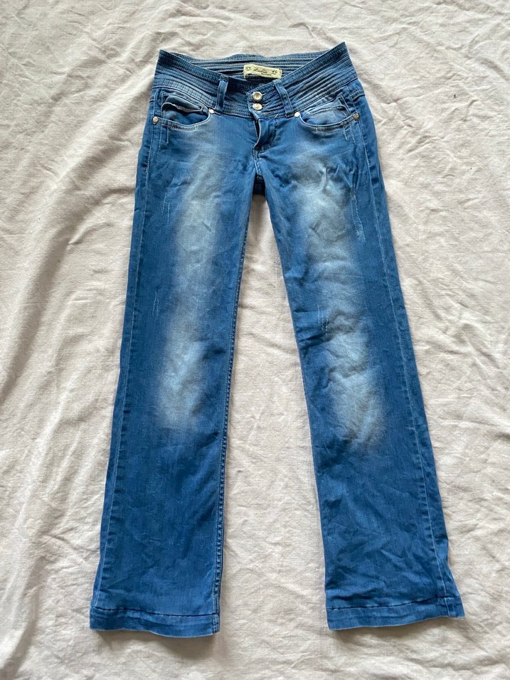 Düğmeli Mavi Bol Kesim Kadın Kot Pantolon - Görsel 2