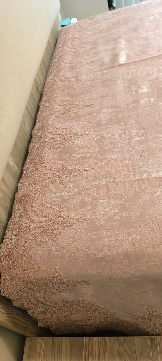 Pudra renk Parlak Dantelli Yatak Örtüsü kırlent ve yorgan kılıfı - Görsel 4