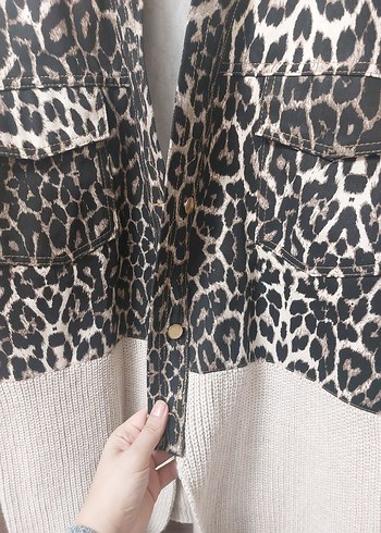 Leopar Desenli Gri Uzun Triko Hırka - Görsel 6