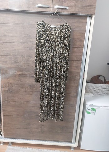 Leopar Desenli Uzun Kollu Drapeli Kadın Elbise - Görsel 5