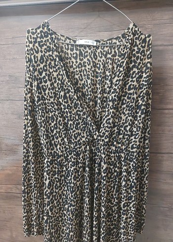 Leopar Desenli Uzun Kollu Drapeli Kadın Elbise - Görsel 2