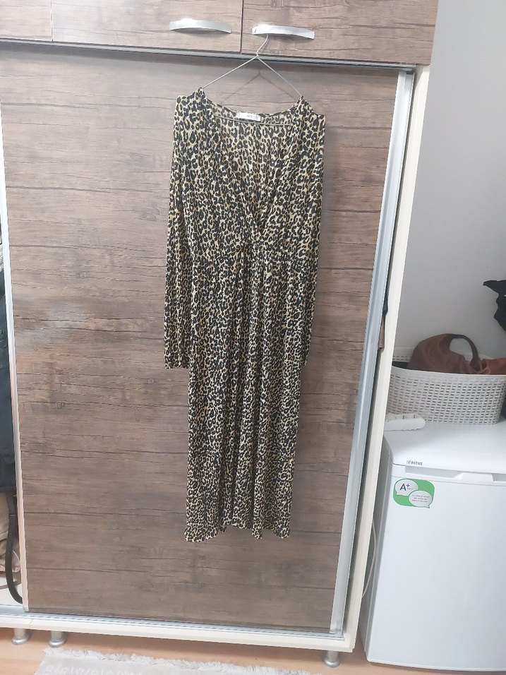 Leopar Desenli Uzun Kollu Drapeli Kadın Elbise - Görsel 5