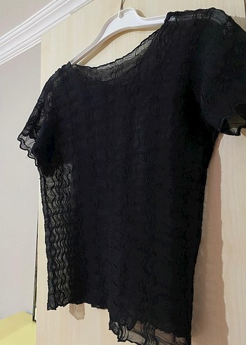Dantel Detaylı Siyah Kısa Kollu Bluz - Görsel 3