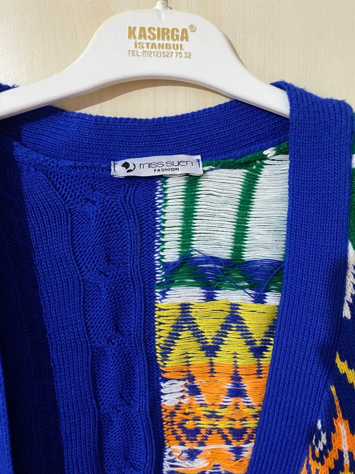 Renkli Desenli Uzun Örgü Kadın Hırka - Görsel 3