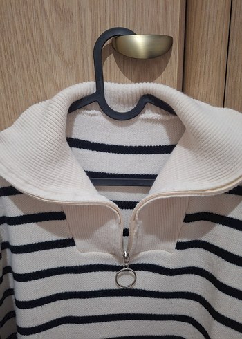 Çizgili Gri Beyaz Örgü Kadın Kazak - Görsel 4