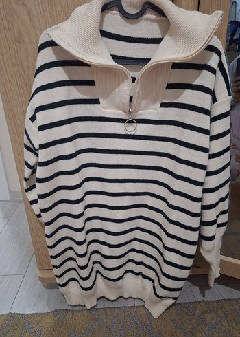 Çizgili Gri Beyaz Örgü Kadın Kazak - Görsel 2