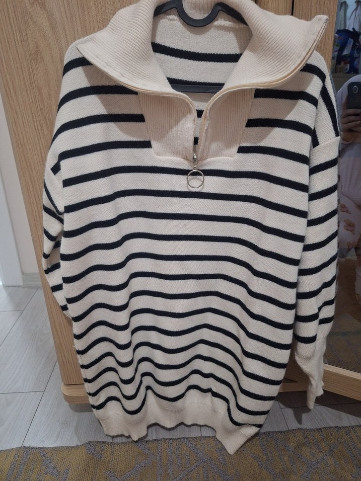 Çizgili Gri Beyaz Örgü Kadın Kazak - Görsel 2