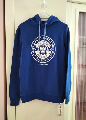 Mavi Kapüşonlu Baskılı Kadın Sweatshirt