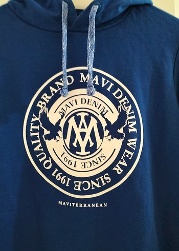 xs Beden Mavi Kapüşonlu Baskılı Kadın Sweatshirt