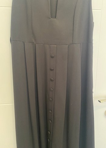 xl Beden Siyah Pilili V Yakalı Uzun Kadın Elbise