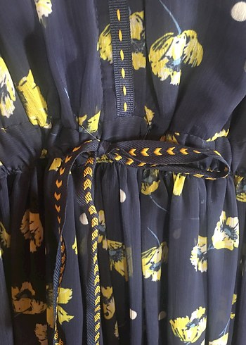 Kemerli Mavi Çiçekli Bohem Midi Elbise - Görsel 3