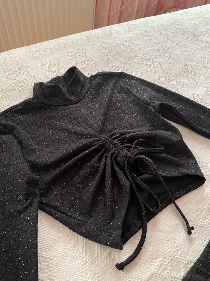 Parıltılı kumaş etek crop ikili takım - Görsel 4