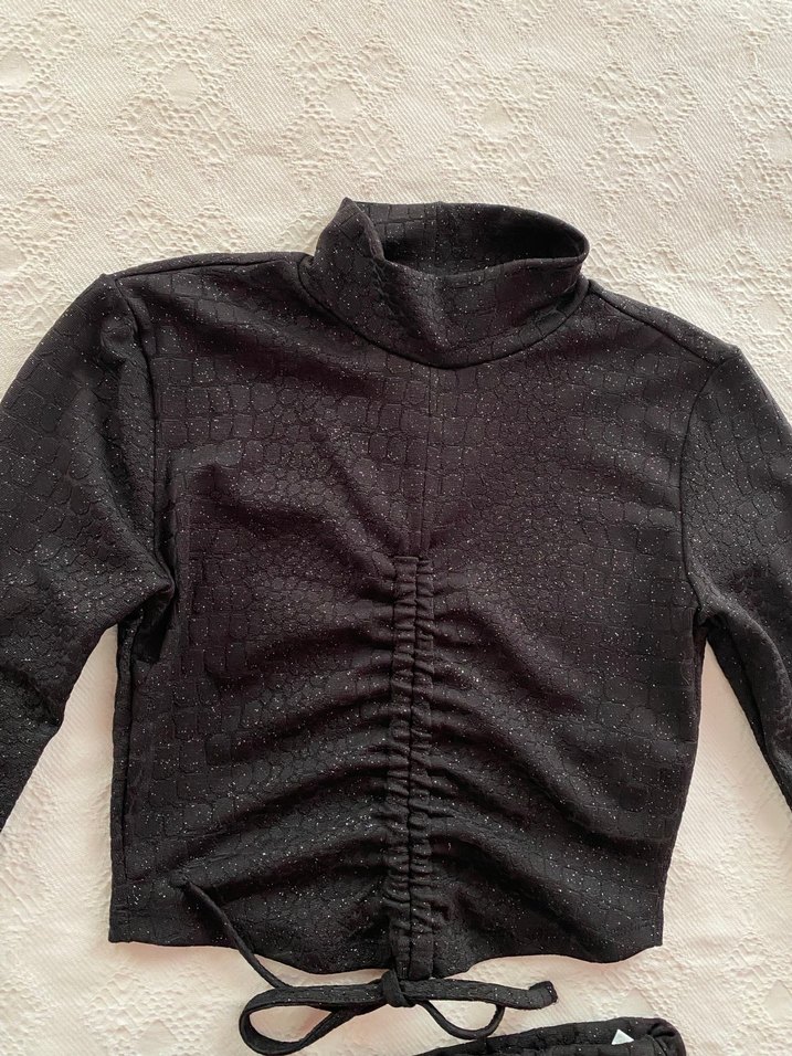 Parıltılı kumaş etek crop ikili takım - Görsel 3