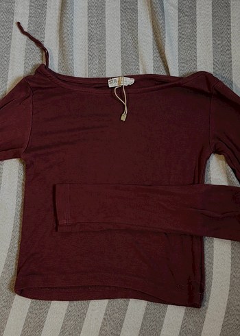 Bordo Geniş Yaka Penye Crop - Görsel 2