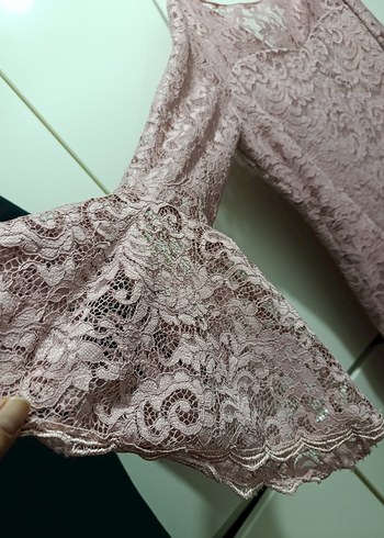 Dantel Detaylı Pembe Uzun Abiye Elbise - Görsel 2