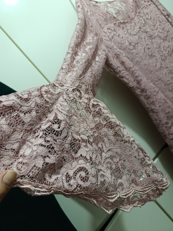 Dantel Detaylı Pembe Uzun Abiye Elbise - Görsel 2