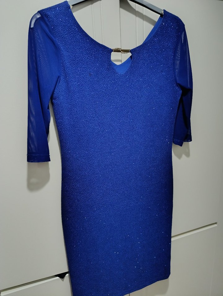 Mavi Zincir Detaylı V Yaka Mini elbise - Görsel 2