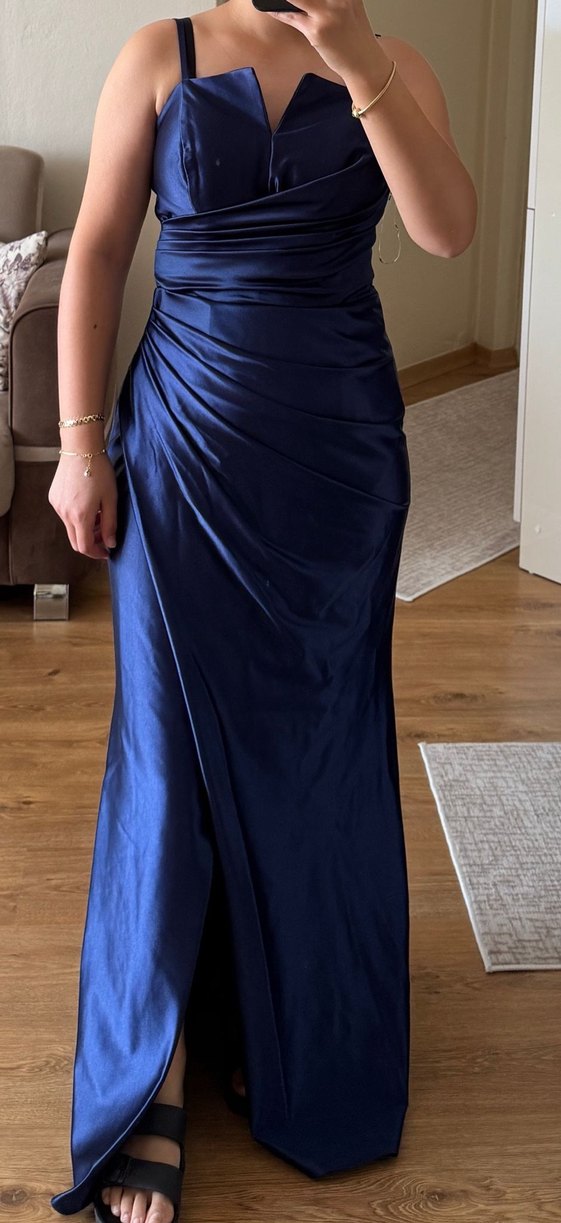Lacivert Drapeli Uzun Abiye Elbise - Görsel 2