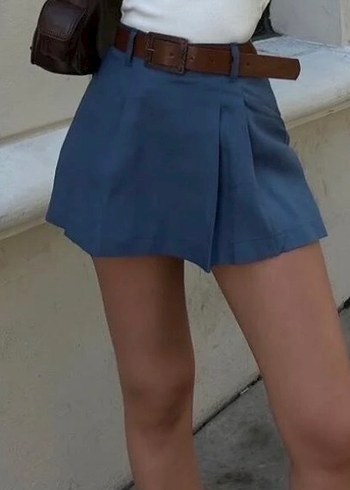 Mavi Kemerli Mini Kot Etek - Görsel 2