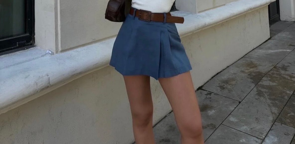 Mavi Kemerli Mini Kot Etek - Görsel 2