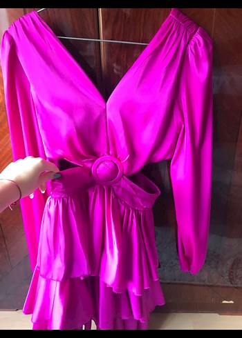 Parlak Mor Mini Kat Katlı Elbise - Görsel 2