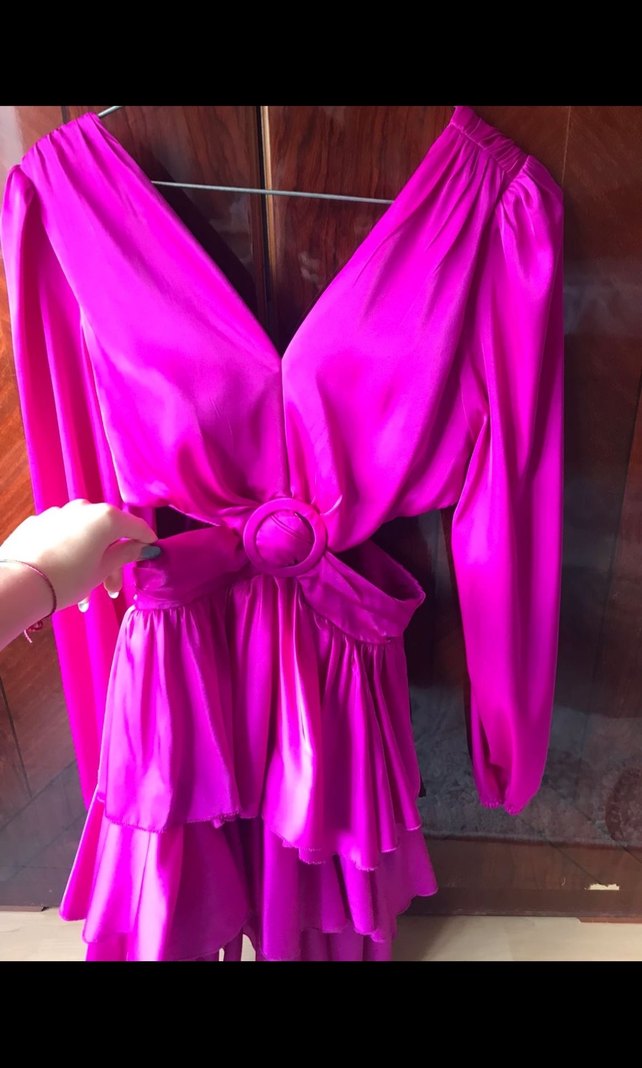 Parlak Mor Mini Kat Katlı Elbise - Görsel 2