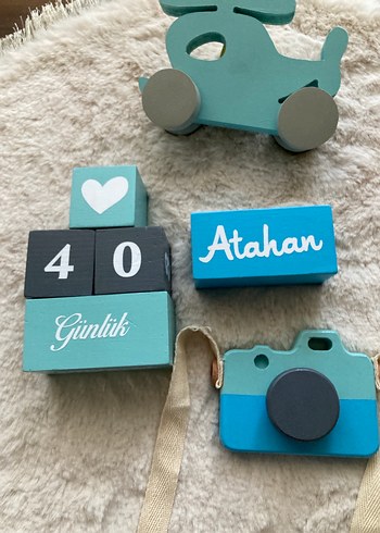 Turkuaz ve Gri Ahşap Oyuncak Seti - Görsel 2