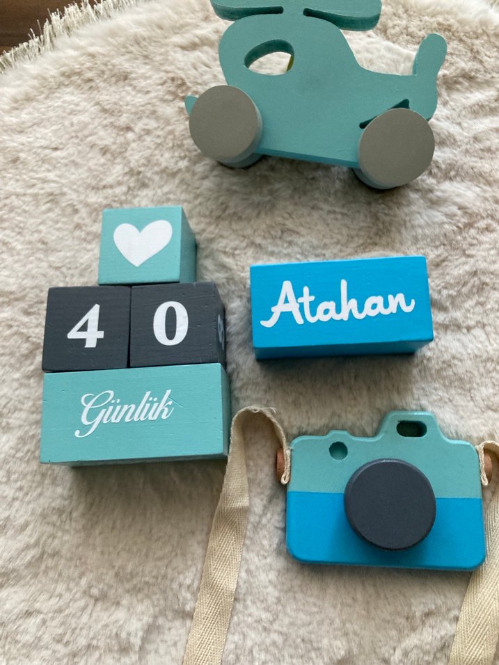 Turkuaz ve Gri Ahşap Oyuncak Seti - Görsel 2