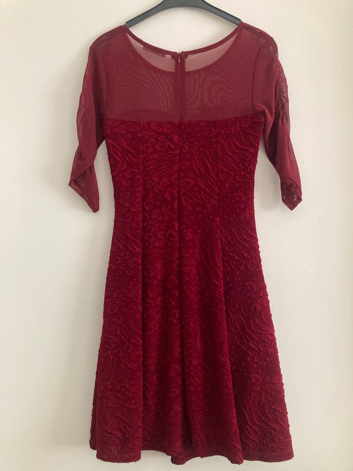 Bordo Midi Drapeli Klasik Kadın Elbise - Görsel 3