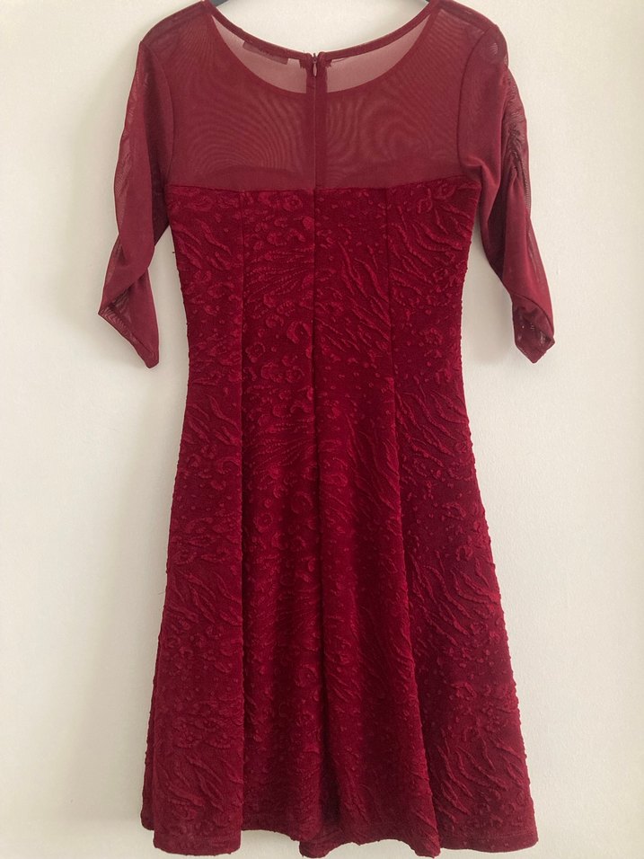 Bordo Midi Drapeli Klasik Kadın Elbise - Görsel 4