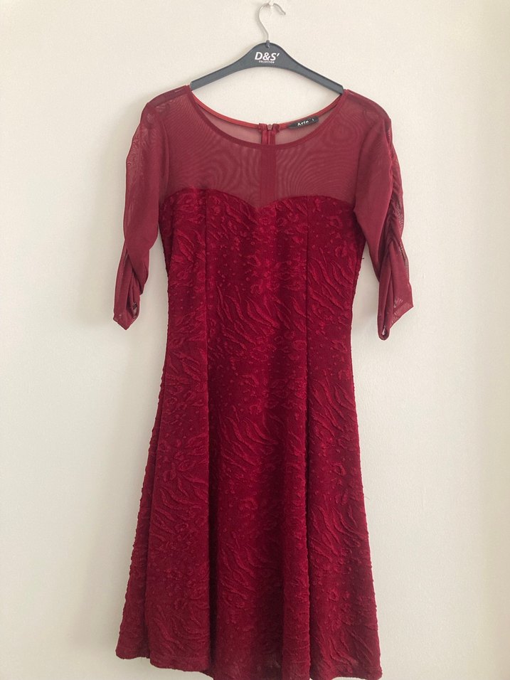 Bordo Midi Drapeli Klasik Kadın Elbise - Görsel 2