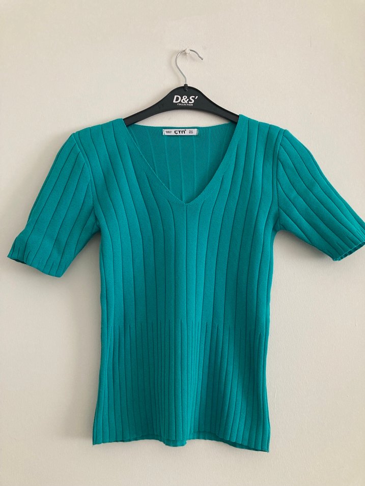 Turkuaz V Yaka Piliseli Kadın Kazak - Görsel 2