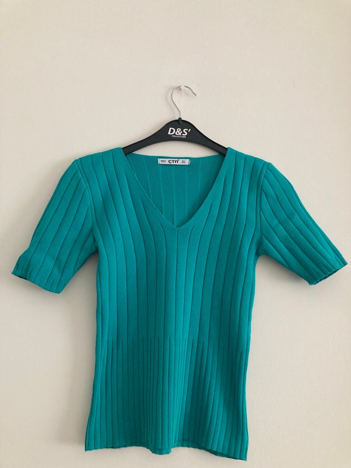 Turkuaz V Yaka Piliseli Kadın Kazak - Görsel 3