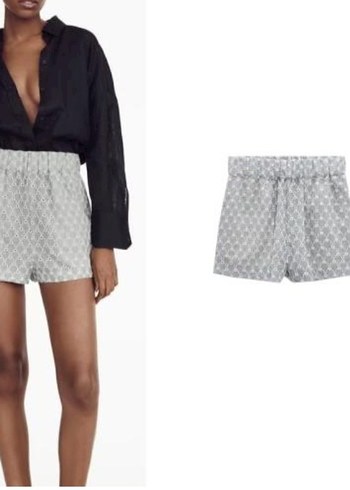 Zara Nakışlı Dantelli Gri mavi Mini Şort