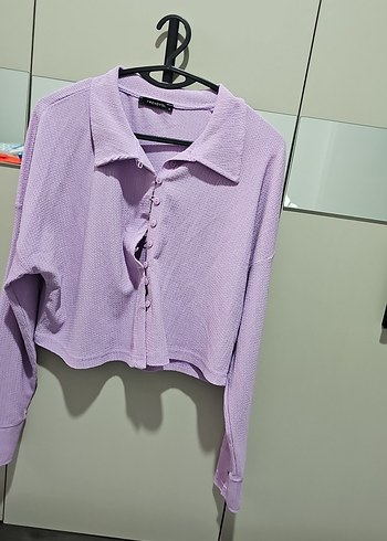 Düğmeli Lila Kadın Keten Gömlek - Görsel 5