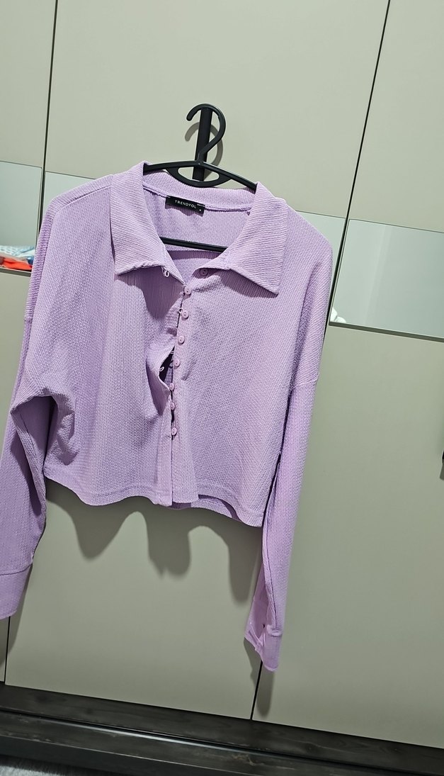 Düğmeli Lila Kadın Keten Gömlek - Görsel 2