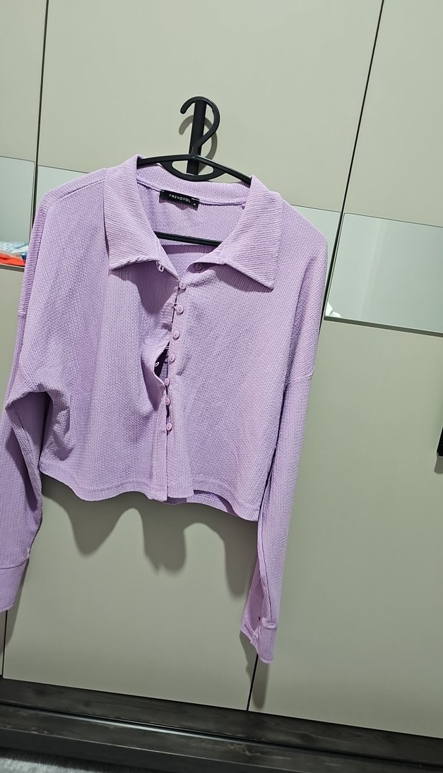 Düğmeli Lila Kadın Keten Gömlek - Görsel 4