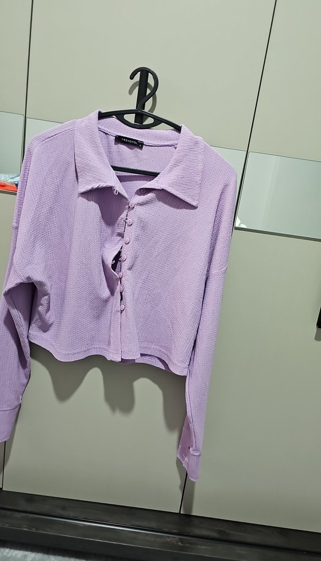 Düğmeli Lila Kadın Keten Gömlek - Görsel 5