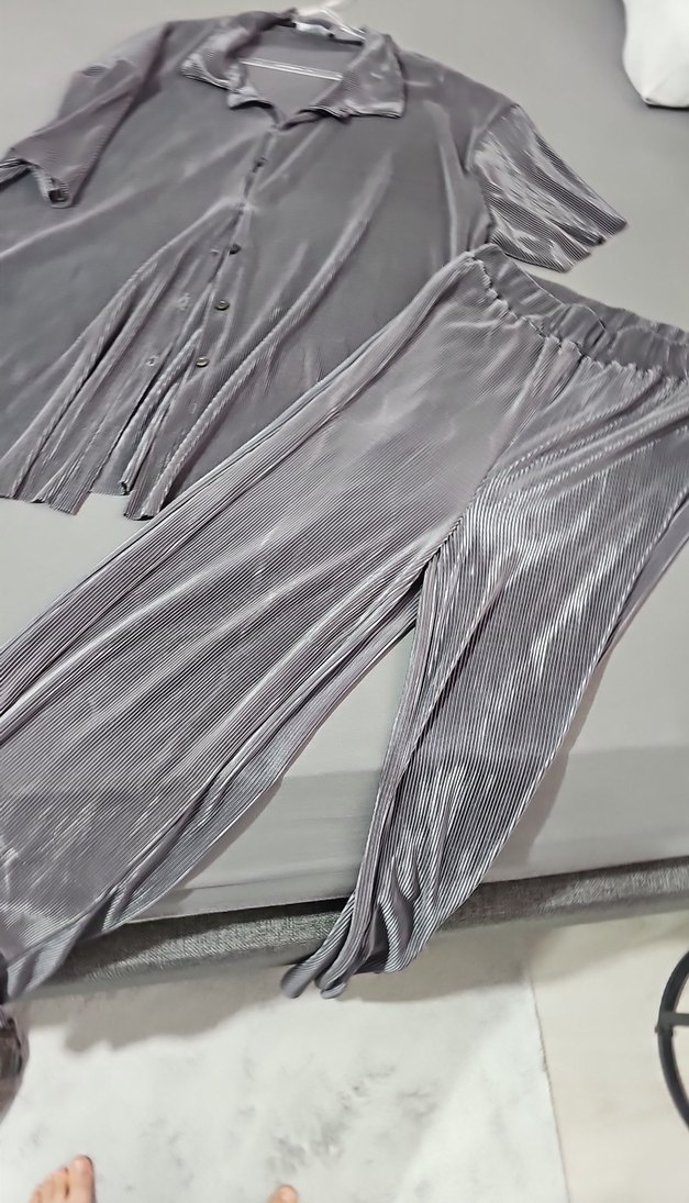 Gri Pilili Kadın Salaş Pantolon - Görsel 2