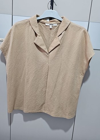 Bej Keten V Yaka Kısa Kollu Bluz - Görsel 2