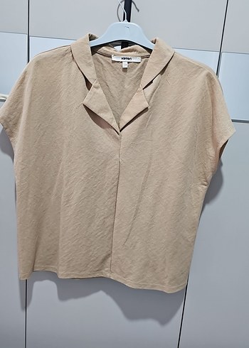 Bej Keten V Yaka Kısa Kollu Bluz - Görsel 3